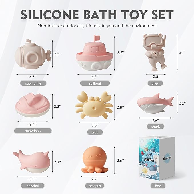 MarcZero Ocean Silicone Bath Toys 8Pcs for Toddlers Kids Babies,Bathtub Water Toys,Soft Squeezable Easy-Grip Pool Toys Set (Pink)