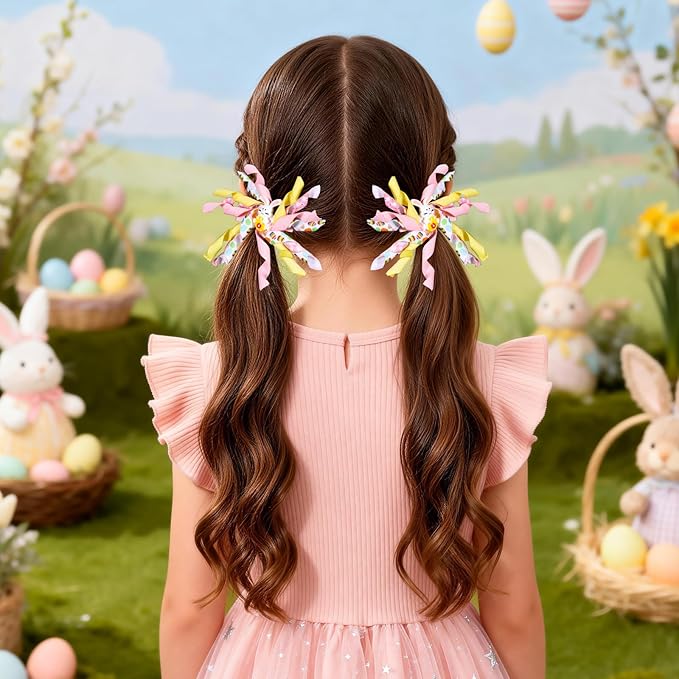 Easter Pink Bunny Hair Clips for Girls Women Colorful Egg Korker Curly Corker Ribbon Bow Alligator Clips,Her Holiday Dress Outfits Decorative Accessories Party Favor Gift
