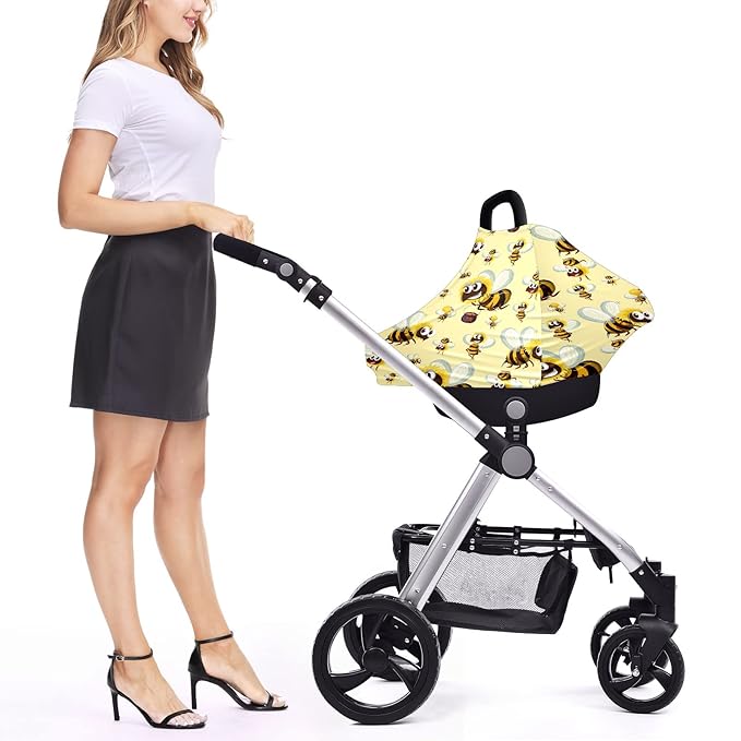 Baby Car Seat Stroller Covers Cartoon Bumble Bee Nursing Cover Breastfeeding Scarf Soft Breathable Stretchy Infant Car Canopy Coverage Carseat Cover for Boys and Girls Multi Use