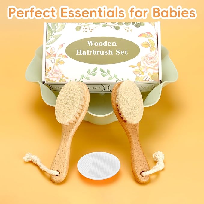 Baby Hair Brush, 2PCS Wooden Goat Bristles Hair Brush with Silicone Hair Scrubber Cradle Cap Brush for Newborn, Toddler, Boys, Girls Perfect Scalp Grooming Product (White)