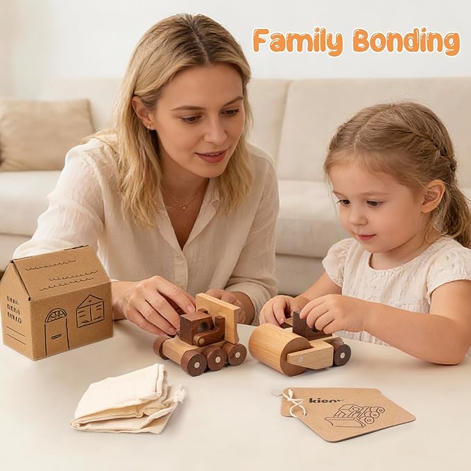 Wooden Toy Cars for 3 Year Old Boys & Girls - Construction Vehicles Set Push Toys for Toddlers, Wood Montessori Car with Rolling Wheels, Natural Wood Toys (Bulldozer & Road Roller)