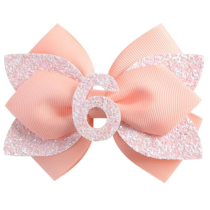 Glitter Birthday Hair Bow for Baby Girls 1 2 3 4 5 6 Years Peach Party Decoration Hair Accessories for Six 6th Birthday