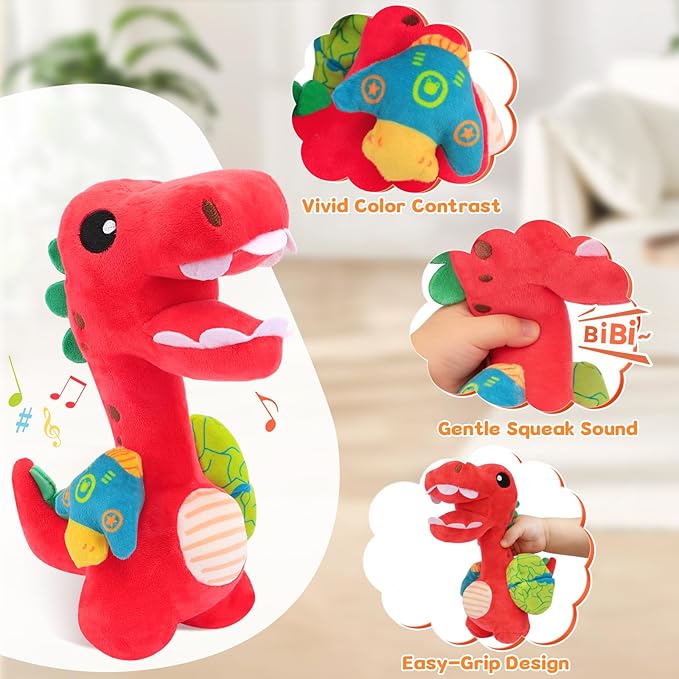 Baby Toy 0-12 Months - BPA-Free Soft Plush Sensory Toy with Gentle Squeaker, Safe Hand Grip & Teething Relief, Portable Newborn Toy for Diaper Bag, Baby Shower Gift (Red Dinosaur)