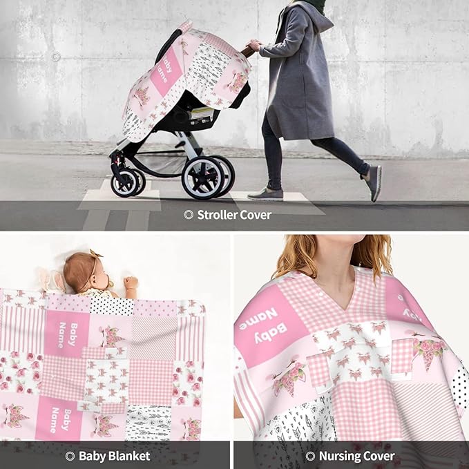 Personalized Floral Cute Unicorn Baby Car Seat Canopy for Baby with Name, Custom Light Weight Minky Covers for Baby Girl, Nursing Breastfeeding Stroller Cover Canopies for Newborn