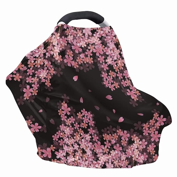 JEOCODY Car Seat Covers for Babies Cherry Blossom Elastic Pram Dust Cover Shopping Cart Cover Infant Carseat Canopy Shopping Cart Cover Multi-Use Nursing Breastfeeding Covers Nursing Scarf