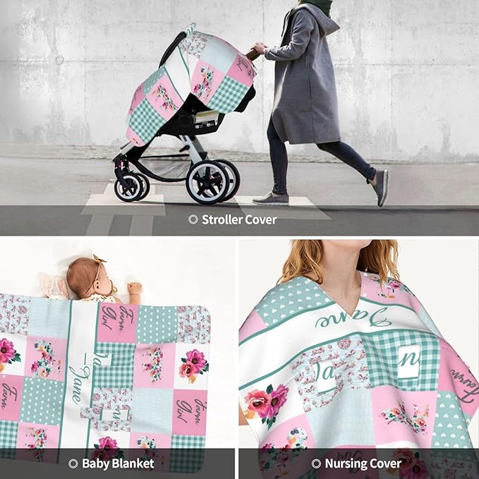 Personalized Baby Car Seat Canopy for Babies with Name, Custom Car Seat Covers for Girls, Floral Farm Nursing Breastfeeding Stroller Cover Infant Carseat Canopies for Newborn