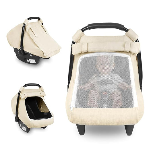Car Seat Cover Baby, Summer Carseat Covers for Babies Girls Boys Breathable Muslin Cotton HNHUAMING Infant Car Seat Canopy with Large Mesh Window, Cozy & Windproof Newborn Stroller Cover, Apricot