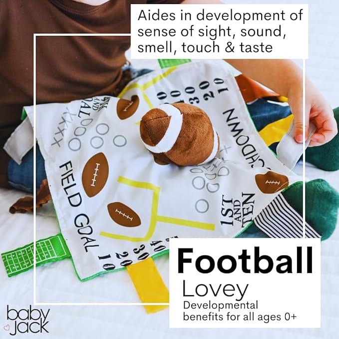 Baby Jack & Co 10x10” Football Sports Lovey Sensory Plush Blanket - Tag Toys for Babies - Baby Stroller Toys - Learn Shapes, Letters & Colors - MVP Baby Ball Toy & Baby Sports Gift