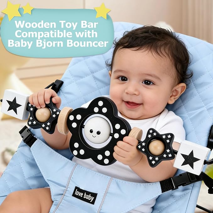 Wooden Baby Bouncer Toy Bar Attachment, Sensory Toy for Newborn to Toddler Boys Girls, Easy Install & Remove, Baby Bjorn Compatible (Black)