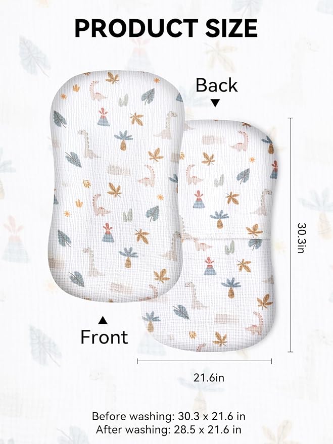 TILLYOU Muslin Baby Lounger Cover, 100% Cotton Newborn Lounger Cover, 2 Pack Baby Nest Slipcover for Boys Girls, Cover Only, Dinosaur