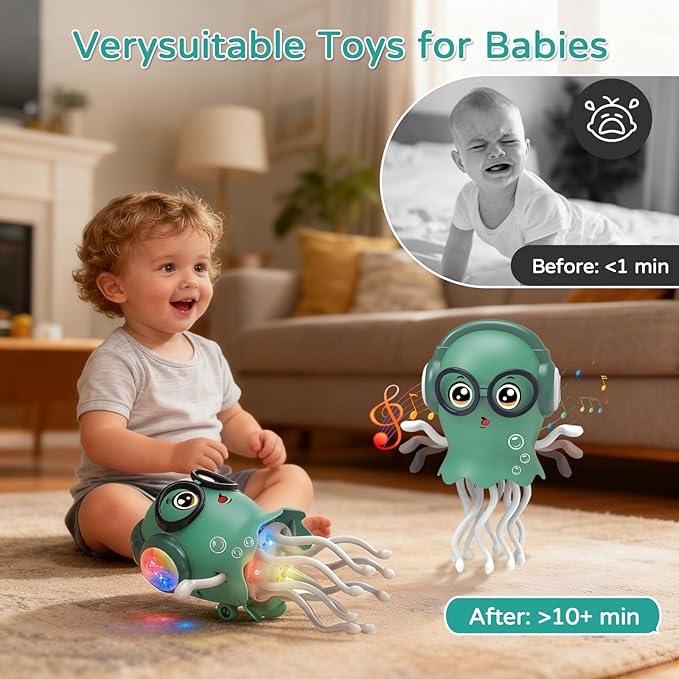 Magic Electric Dancing Jellyfish Toy with Led Light and Music,Playful Automatic Steer Crawling Dancing Baby Toy with Smart Tentacle Explorer,Octopus Toy,Tummy Time Toys(Green)