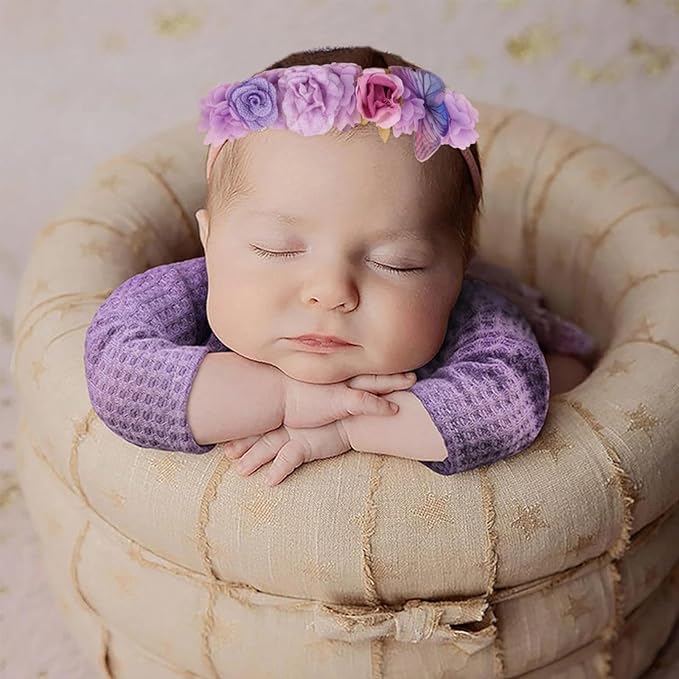 Baby Girl Flower Headbands and Bows, Stretchy Soft Nylon Floral Crown, 3pcs Handmade Hair Accessories for Newborn Infant Toddler
