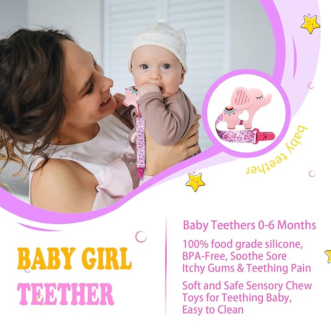 BIGSPINACH 1 Soft Dinosaur Teether for Babies and 1 Baby Pacifier Clip, Valentines Day Gifts for Baby Girl Boy,Silicone Chew Toys（Pink Dinosaur）