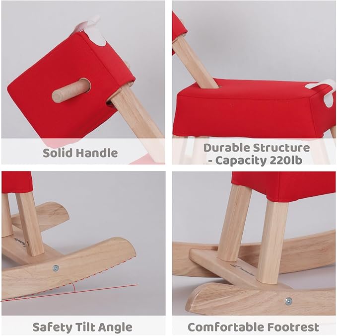 Red Wooden Rocking Horse Juni for Toddlers (Ages 1-3) - Soft Canvas Fabric, Gentle on Skin, Solid Rubber Wood, Sturdy Wood Rocking, Christmas Housewarming Gift for Kids