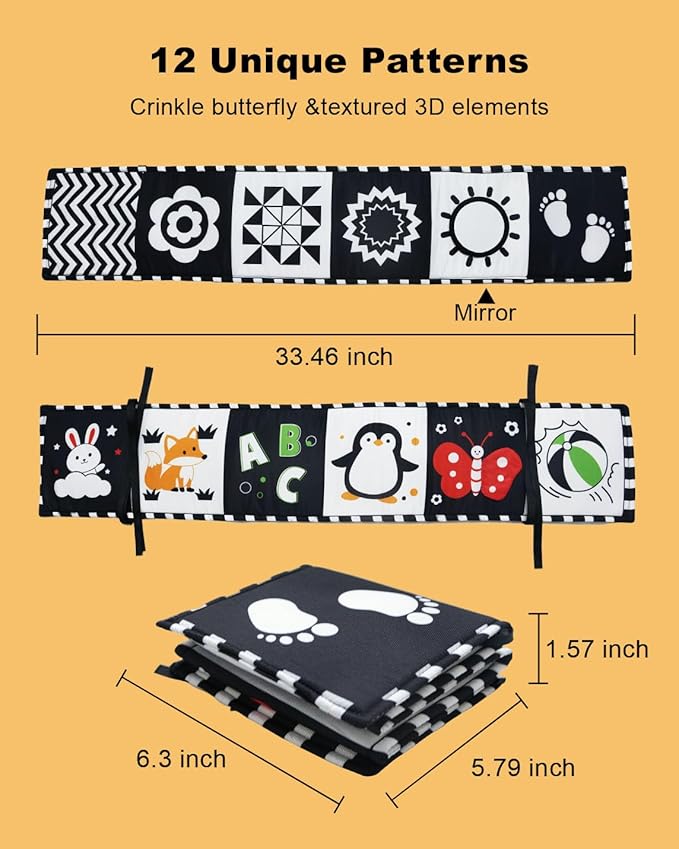 Aila+Aiden Baby Toys, Tummy Time High Contrast Newborn Toys 0-3 Months, Soft Baby Book, Visual Stimulation Montessori Sensory Infant Baby Book (Black White and Colorful)