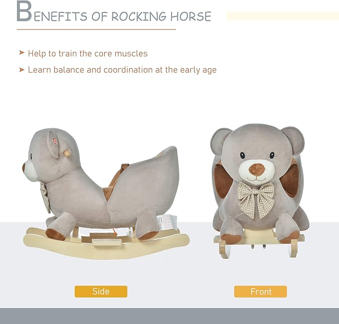 Qaba Kids Rocking Horse, Bear-Shaped Plush Toddler Ride on Horse with Sound, Wooden Base & Safety Belt for 18-36 Months, Gray