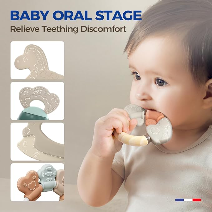 Evoceler Softness Staged Baby Teething Toys with Rattles for 0-6 Months (30° Super Soft, 50° Soft, 70° Regular) -10 Pcs Shaker Toys, Food-Grade Silicone Teethers for Babies 0-18+ Months, BPA Free