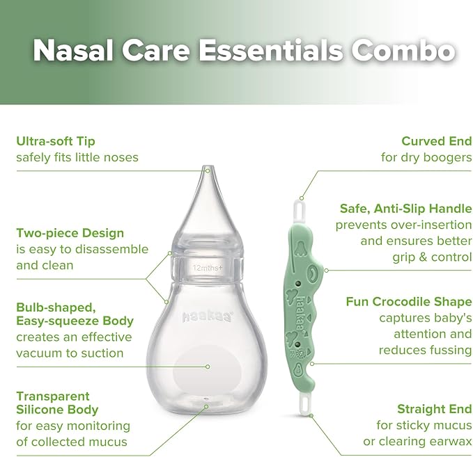 Haakaa Nasal Care Essentials Combo, Nasal Aspirator for Baby with Baby Nose Picker, Gentle Infant Ear & Nose Care Set with Case for Home or Travel