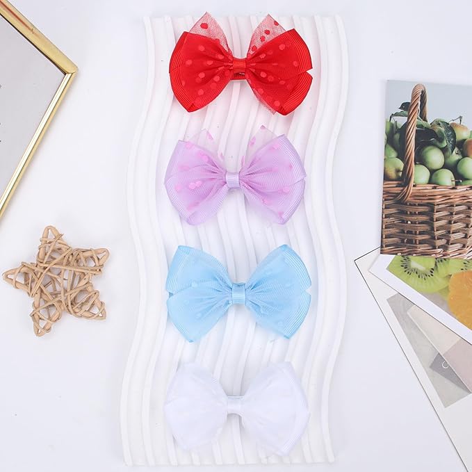 Tiny 3 Inch Dot Organza Double Hair Bow Clips - Cute Lined Boutique Alligator Hairpin for Girls, Toddlers, and Little Teens - Kids Barrettes Set of 2 Small Stylish (Light Blue)