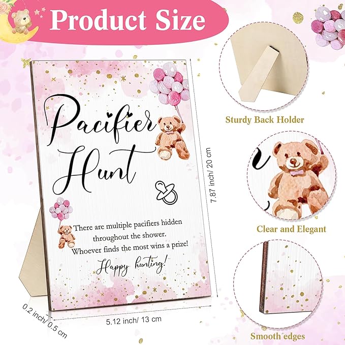 Roowest 51 Pcs Pacifier Hunt BabyShower Games Include Wooden Hunt Sign and 50 Acrylic Mini Plastic Pacifiers for BabyShower Game Decoration Gift Sets Gender Reveal Party(Bear,Pink)