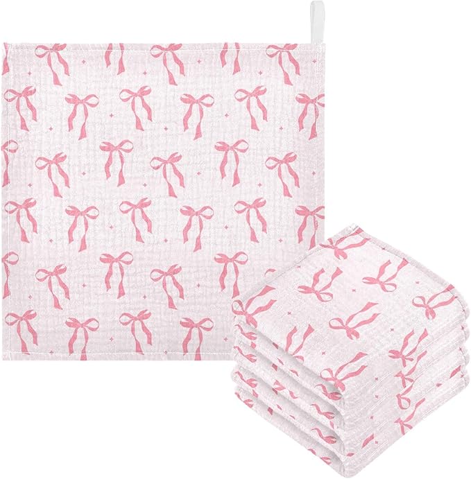 Bow Baby Washcloths Newborn Muslin Burp Cloths 3 Pack Soft Cotton Baby Face Bath Towel Drool Bibs for Infants, Girls and Boys 11.8 x 11.8 Inch