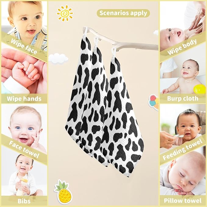 Newborn Face Towel Cow Print Soft Cotton Baby Washcloths 11.8 x 11.8 Inch Infants Girls Boys Muslin Burp Cloths 5 Pack
