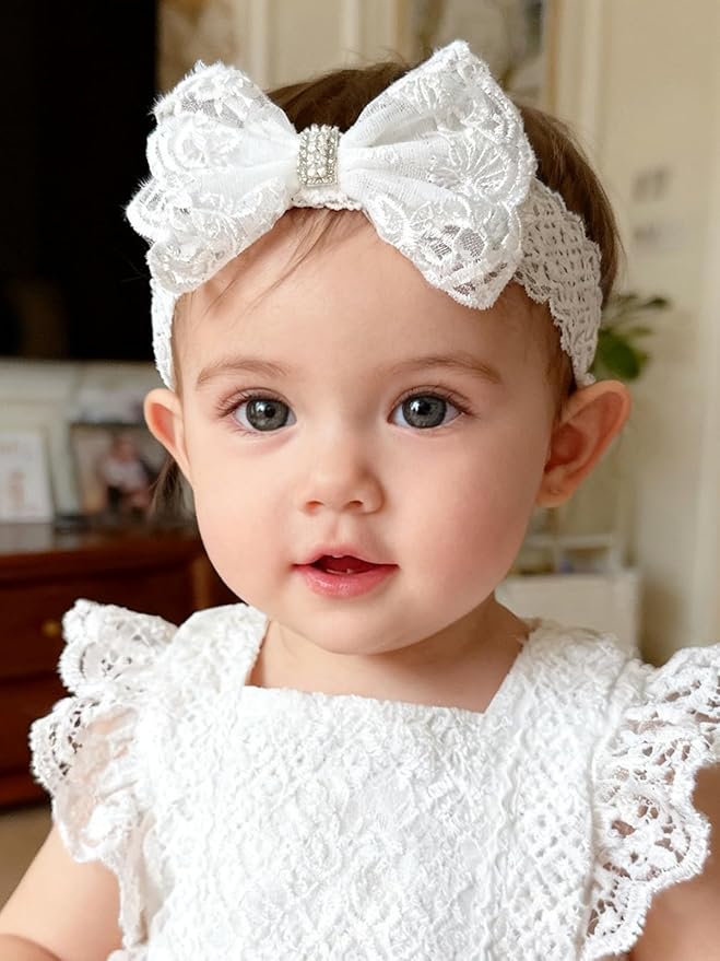 Baby Girls Headband White Bow Lace Headbands Soft Elastic Bowknot Hairbands Cute Hair Accessory for Newborn Kids Infant Toddler Baptism Birthday Party (Rhinestone Pearls)