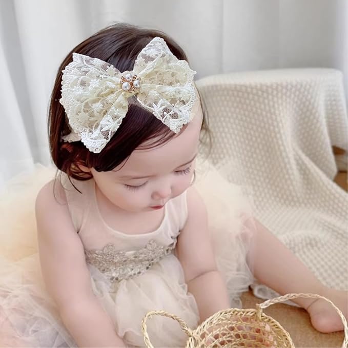 Baby Girls Hairband White Bow Lace Headbands Handmade Soft Stretchy Bowknot Hairbands Newborn Headband with Bows Pearls Elastic Head Band for Newborn Infant(Beige Embroidered Pearl Bow)