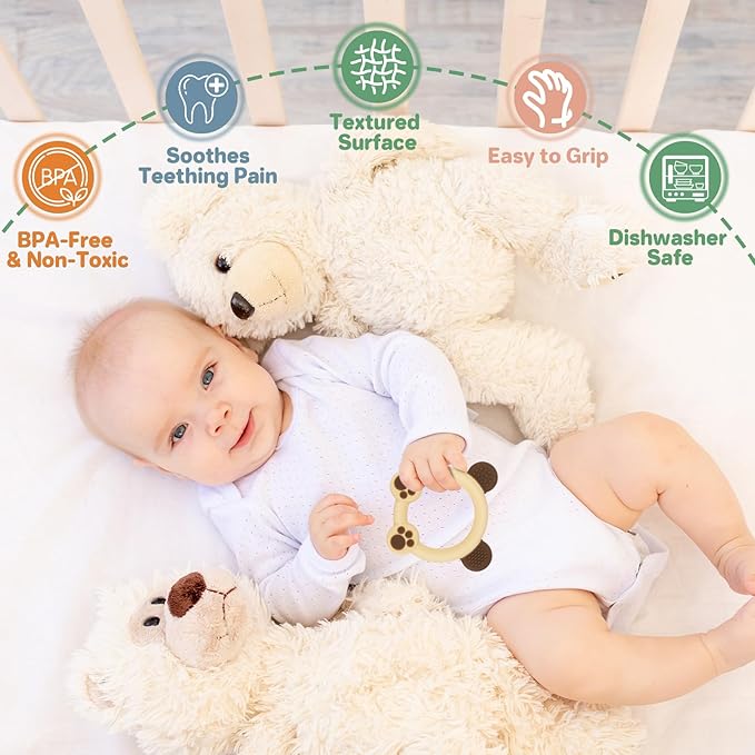Meartchy 3 Pack Baby Teether, Bear-Shaped Silicone Teething Toys for Infants 0-24 Months, BPA-Free Chew Toys to Soothe Sore Gums (White & Green & Yellow)