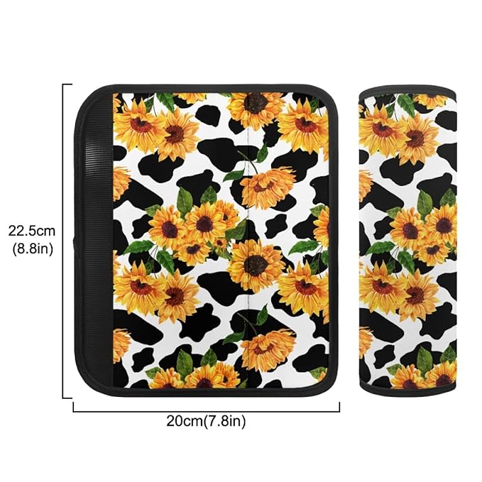 ENLACHIC Kids Car Seat Belt Cover, Cute Cartoon Animal Print Baby Car Seat Strap Pads Infant Car Seat Protector Car Accessories Universal All Cars,Sunflower Cow Print