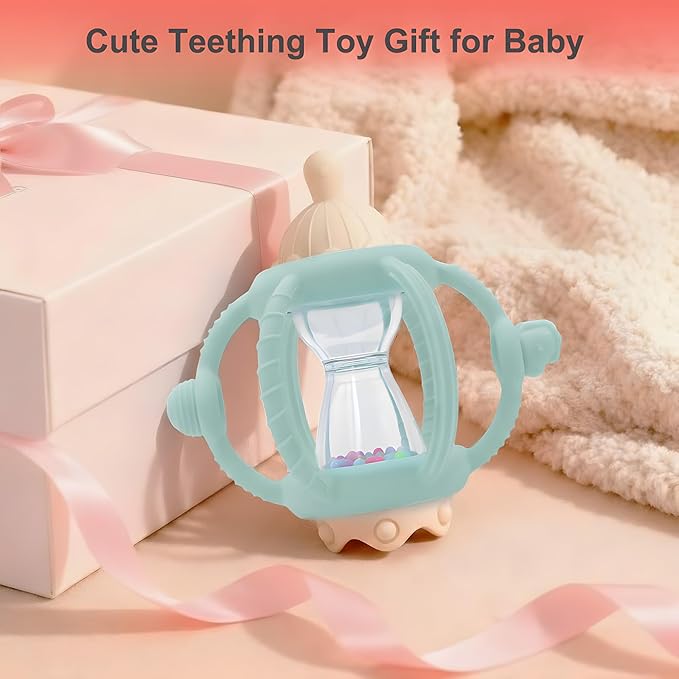 Baby Carousel Teething Toy with Soft Silicone & ABS, 2-in-1 Rattle and Removable Teether Ring, BPA-Free Multi-Sensory Toy for Infants 0–12 Months Newborn Gift for Boys and Girls (Mint Green)