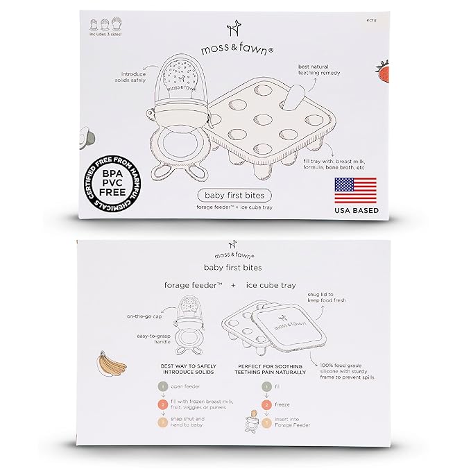 Moss and Fawn Baby's First Bites Bundle - Silicone Frozen Breast Milk Popsicle Kit with Forage Feeder & Teething Popsicle Ice Cube Tray - BPA, PVC, & Lead-Free - Ecru