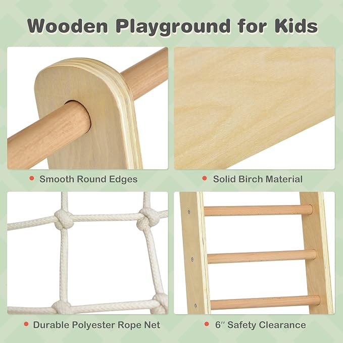 Costzon Indoor Playground, 8-in-1 Montessori Jungle Gym Beech Wood Climbing Toys for Toddlers w/Double-Sided Slide, Climbing Rock/Net, Indoor Playground Climber Playset for Kids 3+ Years (Natural)
