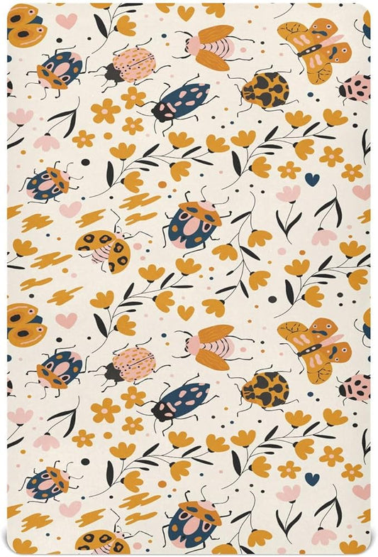 Fitted Crib Sheets Insect Ladybug Beetles Fall Stretchy Portable Playard Sheets for Baby Toddler, Breathable Soft Mini Crib Mattress 39 x 27 in for Boys and Girls