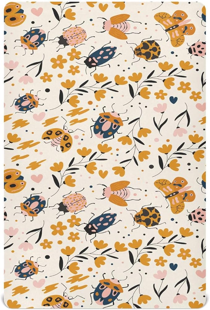 Insect Ladybug Beetles Fall Fitted Crib Sheets Stretchy Portable Playard Sheets for Baby Toddler, Breathable Soft Mini Crib Mattress 52 x 28 in for Boys and Girls