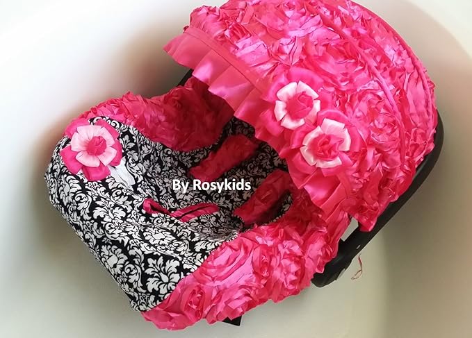 Infant Carseat Canopy Cover Blanket 4 Pc Whole Caboodle Baby Car Seat Cover Kit 3D Rosette Damask Fabric C020201