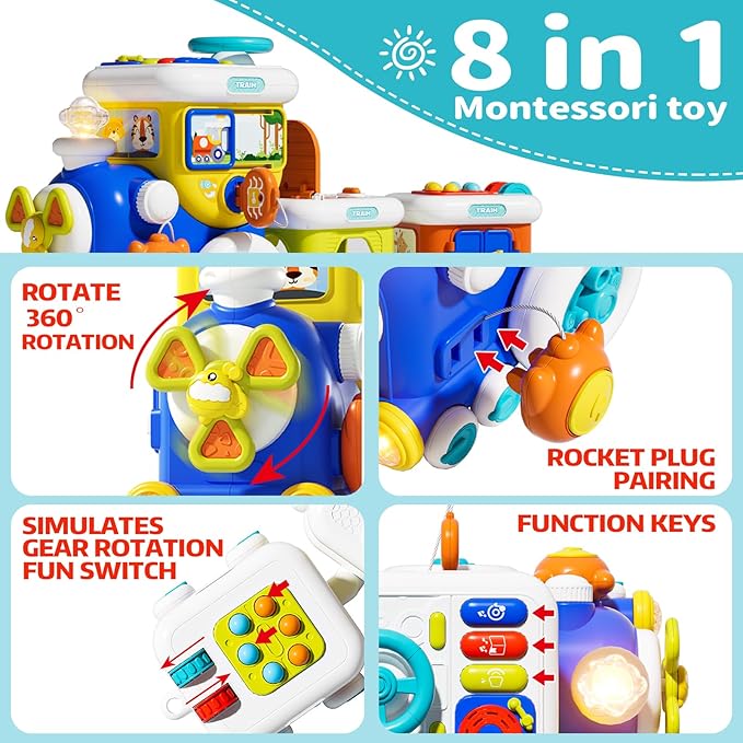 Montessori Toys for 1 Year Old Boy Girl, Musical Train Baby Toys 6-12 Months, 8 in 1 Activity Cube with Light Sound, Educational Gifts for Toddlers 1-3