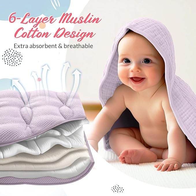 Hahafelt 6 Pcs Muslin Hooded Bath Towels Washcloths and Bibs Set, Muslin Cotton Baby Towels Absorbent Hooded Blanket Towel Infant Bibs for Boys Girls Newborn Infant Essential(Pink, Purple)