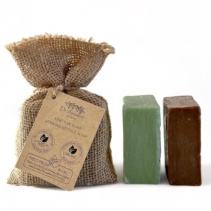 Dr.Ancient Stinging Nettle & Pine Tar Soap Bar Set (2-Pack) – Organic Handmade Vegan Soap Bars, Natural Chemical-Free, Deep Cleansing Gentle Cleanser for Face & Body