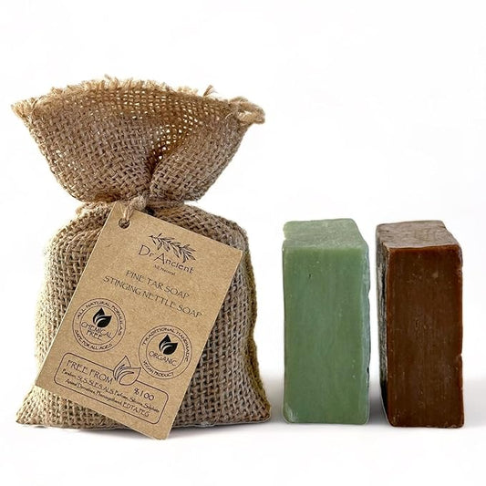 Dr.Ancient Stinging Nettle & Pine Tar Soap Bar Set (2-Pack) – Organic Handmade Vegan Soap Bars, Natural Chemical-Free, Deep Cleansing Gentle Cleanser for Face & Body