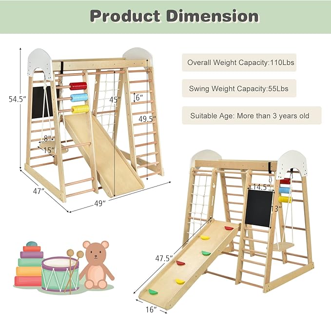 Costzon Indoor Playground, 8-in-1 Montessori Jungle Gym Beech Wood Climbing Toys for Toddlers w/Double-Sided Slide, Climbing Rock/Net, Indoor Playground Climber Playset for Kids 3+ Years (Natural)
