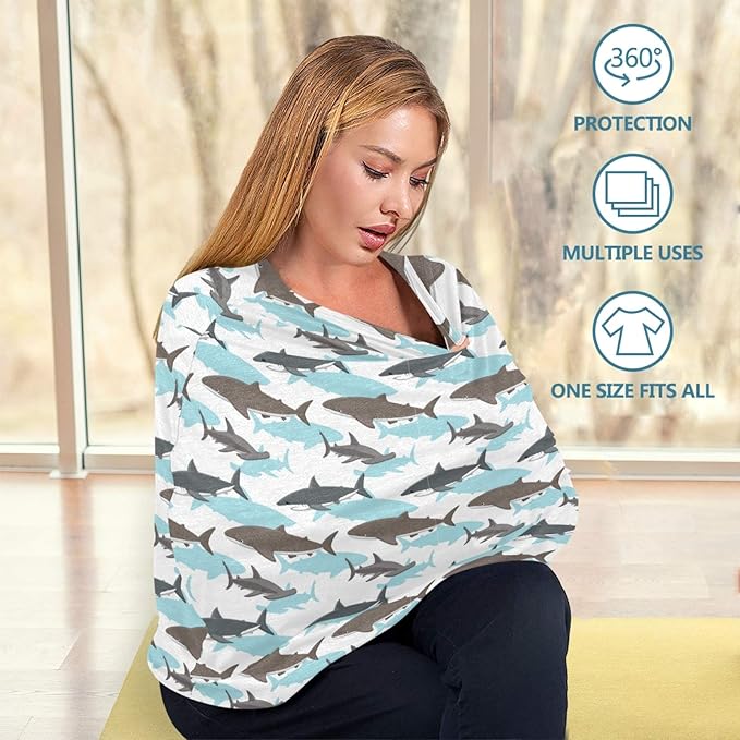 Stretchy Baby Car Seat Covers for Boys Girls Shark Pattern Infant Car Canopy Nursing Cover Breastfeeding Scarf