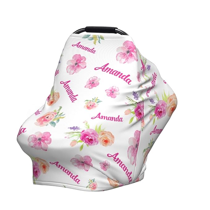 Personalized Baby Car Seat Cover for Girls, Custom Floral Pink Nursing Covers for Breastfeeding with Name, Infant Stroller Cover, Baby Carseat Canopy for Newborn, Multiuse Car Seat Canopies