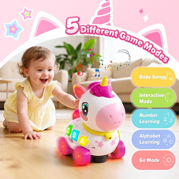 Bilingual Musical Crawling Toy for 1 Year Old Girl Gifts,Musical Unicorn Toys for Baby 6-12 Months,Baby Toys 6-12-18 Months,Toddler Educational Toy,Birthday Gifts with Music Light,Baby