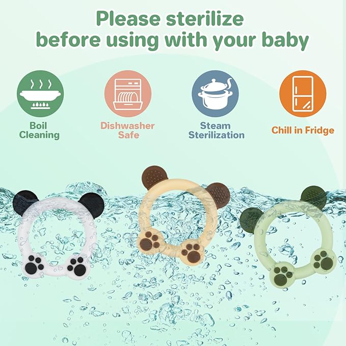 Meartchy 3 Pack Baby Teether, Bear-Shaped Silicone Teething Toys for Infants 0-24 Months, BPA-Free Chew Toys to Soothe Sore Gums (White & Green & Yellow)