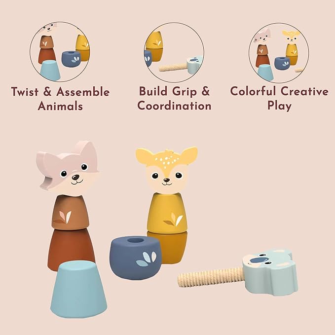 SPEEDY MONKEY Wooden Screw Toys for Toddlers 24m+ | Animal Nuts & Bolts Set for Kids | Fine Motor Skills, Hand-Eye Coordination, Twisting & Stacking Activity Toy | FSC Wood Preschool Learning Play