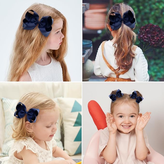 Hair Bows for Girls Alligator Clips Navy Blue Grosgrain Ribbon Solid Color Hair Accessories for Little Teen Toddler Girls Kids (6inch ×2, 4inch ×2, 3inch ×2)