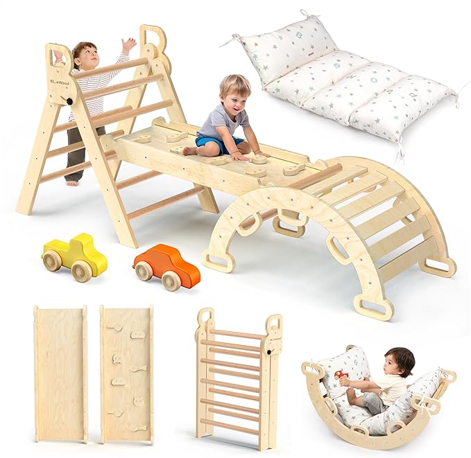 BlueWood Pikler Triangle Set with Cushion - Climbing Toys for Toddlers 9-in-1, Montessori Philosophy Play Jungle Gym with Arch, Ramp, Ladder (Natural Color)