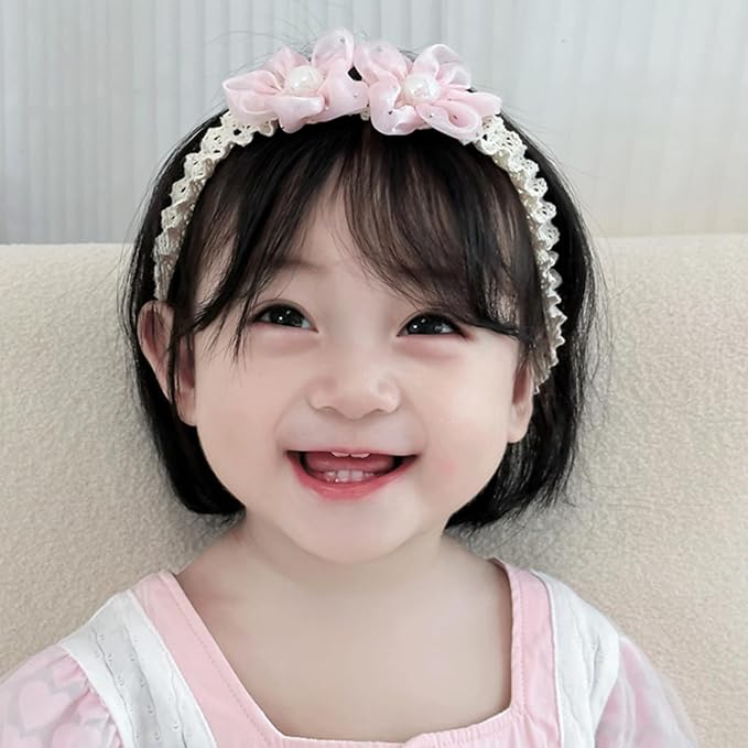 Baby Girls Hairbands Lace Flowers Headband Handmade Soft Stretchy Colorful Flower Hairband Newborn Headbands with Pearls Elastic Hairbands for Infant Head Band (Two Pink Flowers and Pearls)
