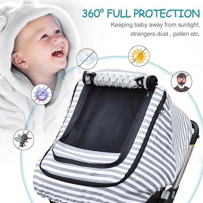 Car Seat Covers for Babies,Baby Car Seat Cover for Boys Girls,Windproof Infant Carseat Cover,Kick-Proof Car Seat Canopy with Breathable Mesh Peep Window,(Grey Stripe)